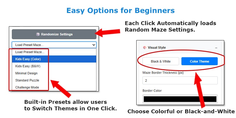 Maze creator with simple preset options for quick puzzle generation