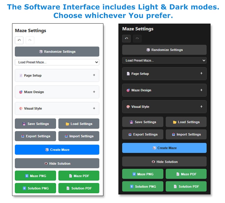 Maze generator software interface showing easy-to-use maze builder controls