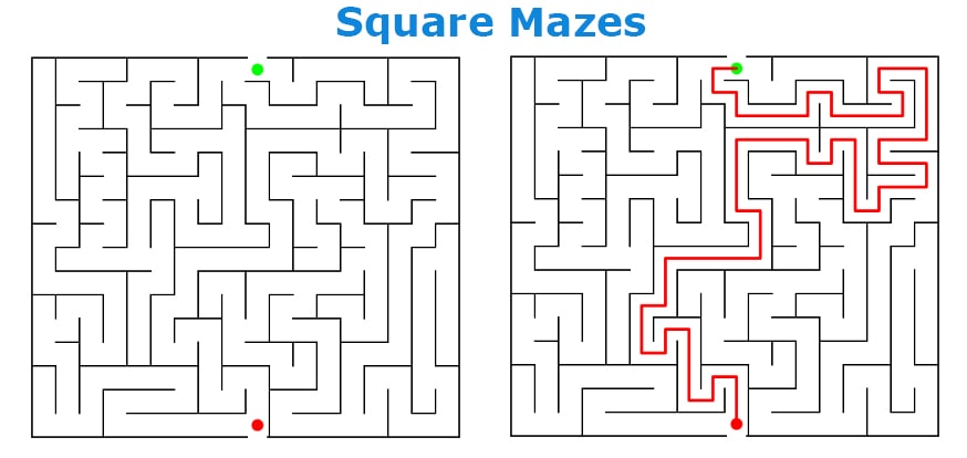 Square maze generator examples showing classic puzzle layouts